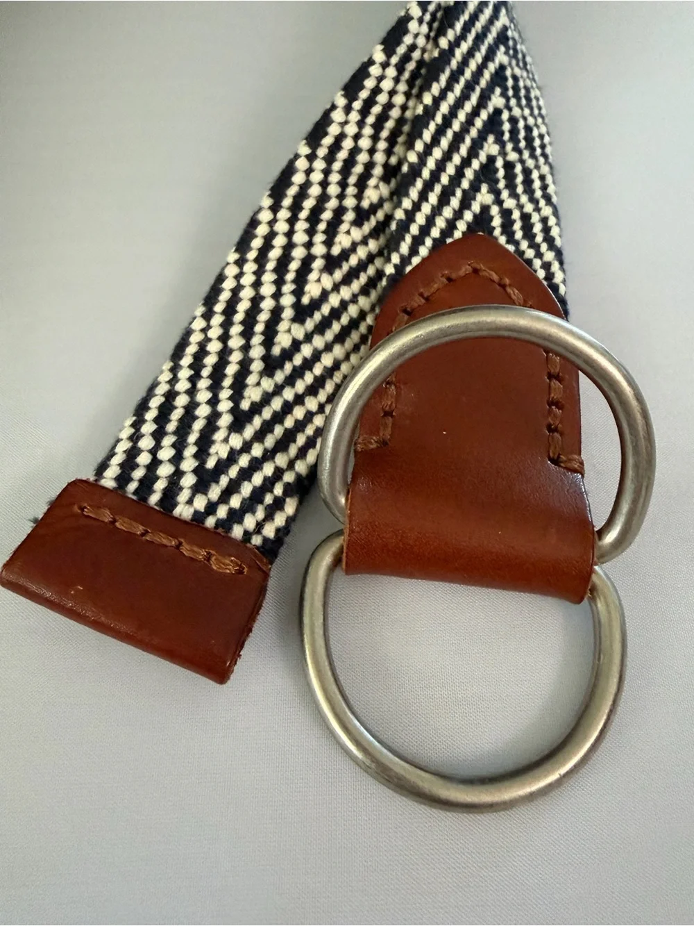 J. Crew Men's Navy and White Woven D-Ring Belt with Brown Leather Trim